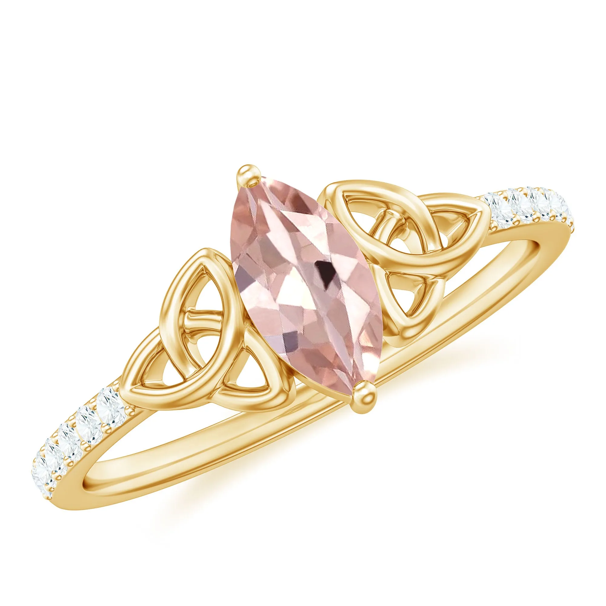 1 CT Marquise Cut Morganite Solitaire Ring with Diamond Side Stones and Celtic Details