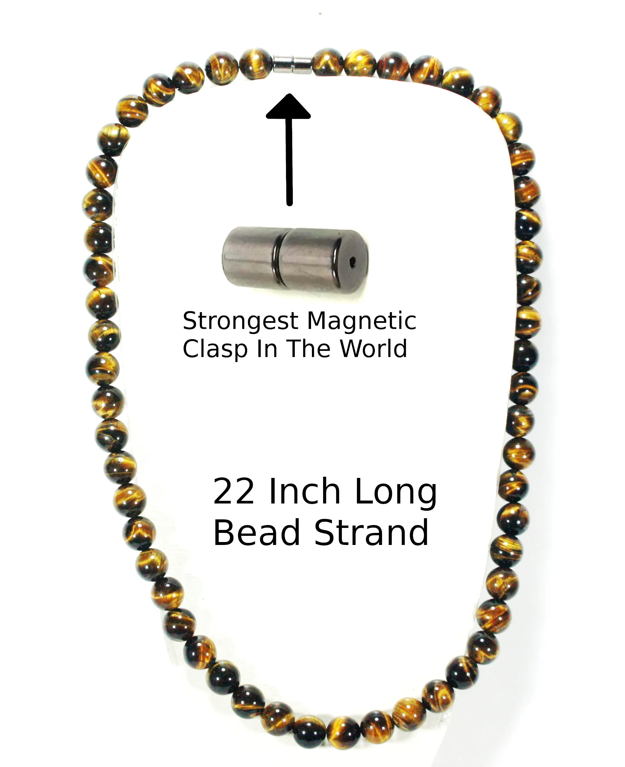 10mm Tigers Eye Beaded Necklace for Men/Women - Magnetic Clasp Necklace