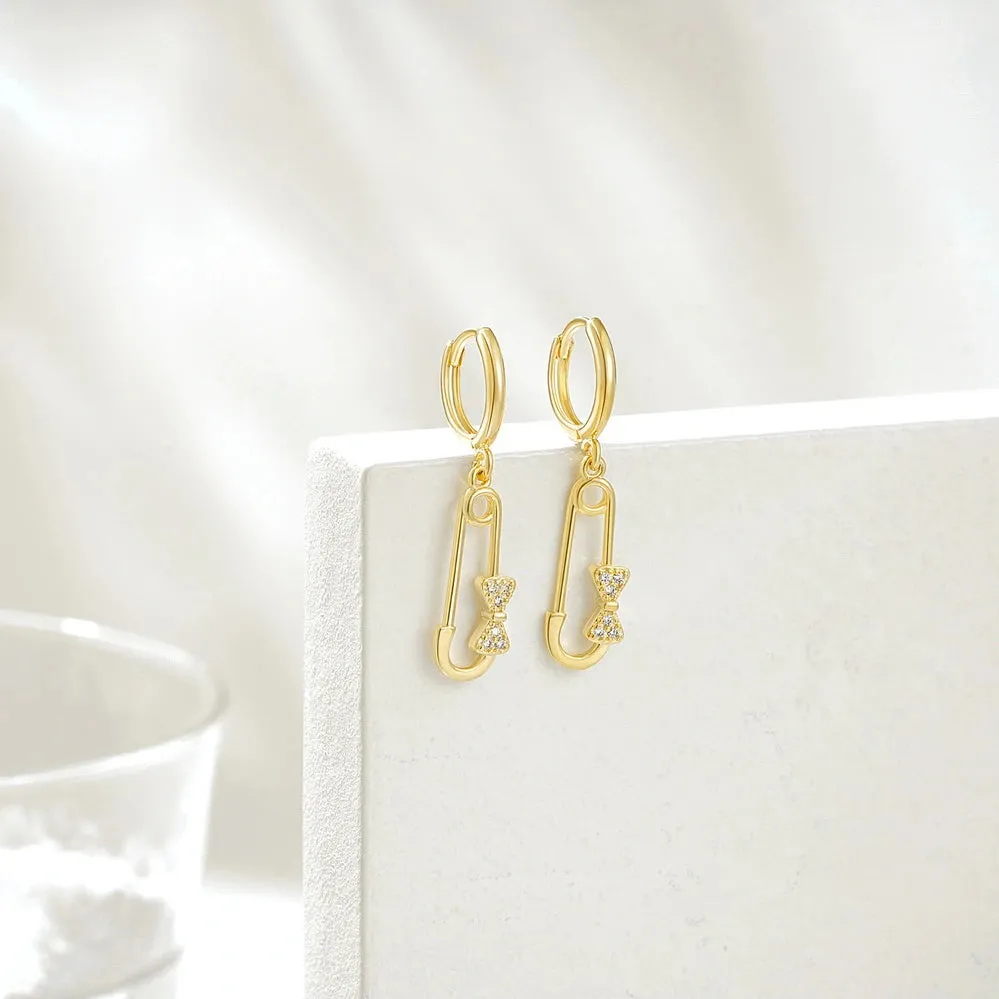 14K Gold Huggies Hoop Dangle Drop Earrings- Pin hoop