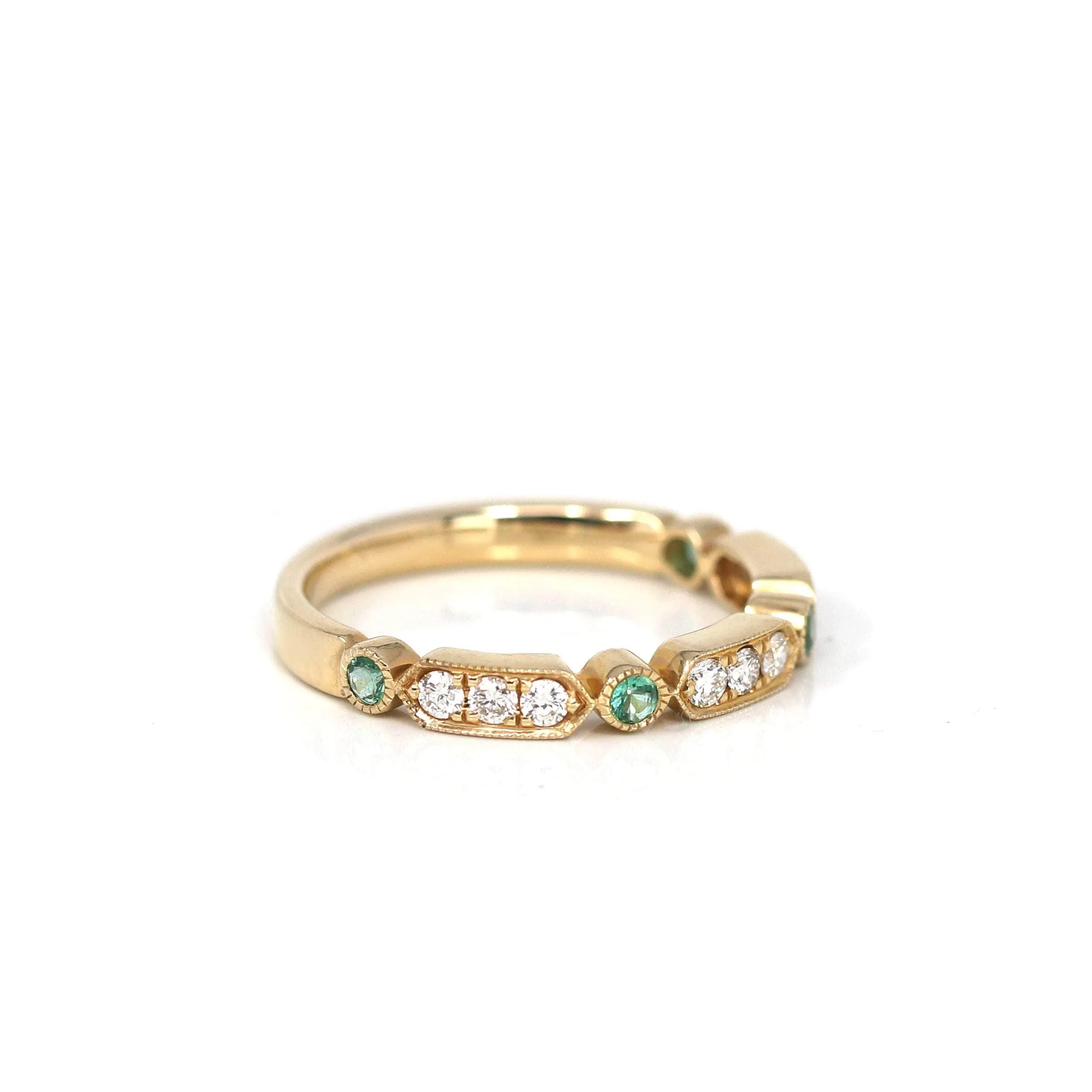 14k Yellow Gold Natural Emerald 4 Stones Set Band Ring with Diamonds