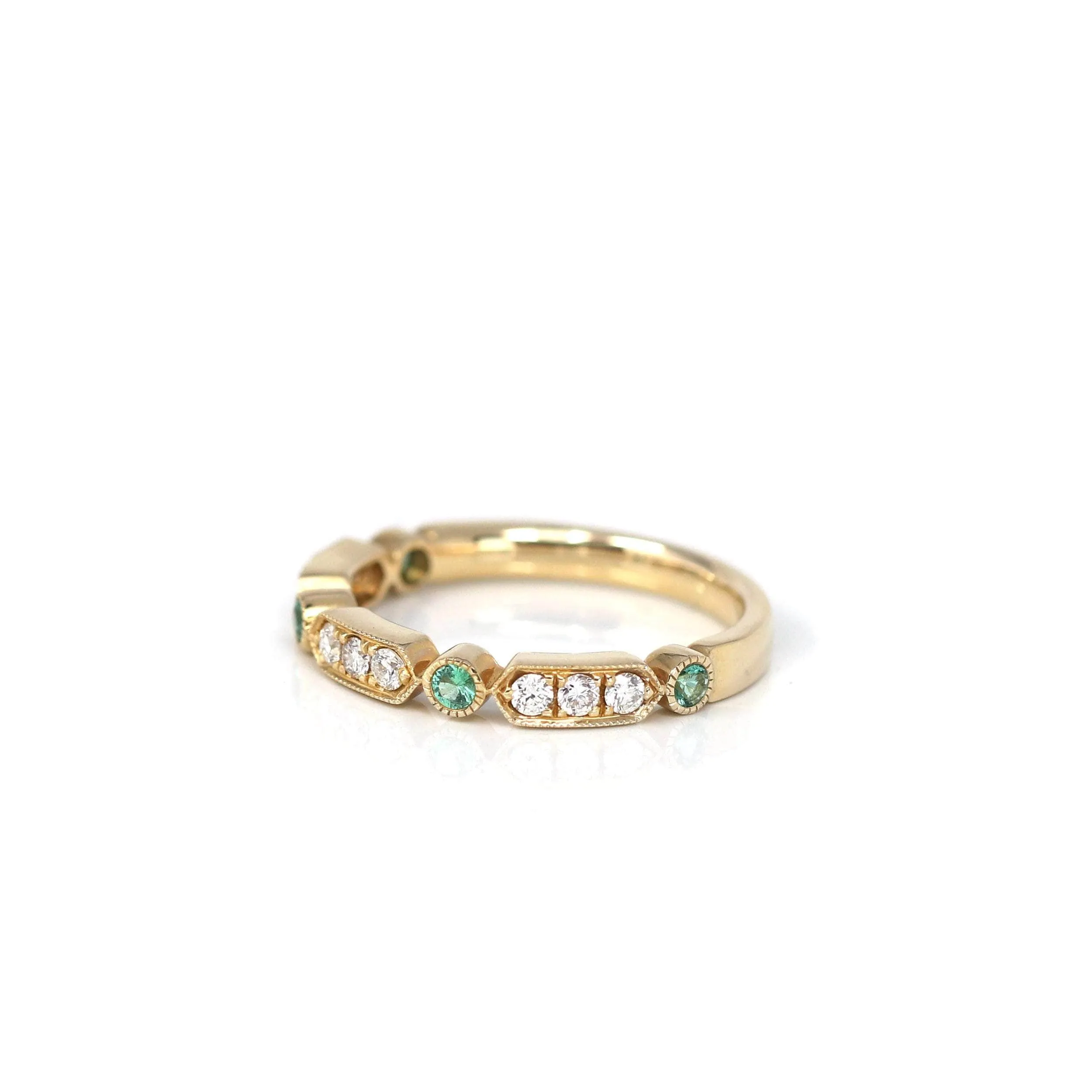 14k Yellow Gold Natural Emerald 4 Stones Set Band Ring with Diamonds