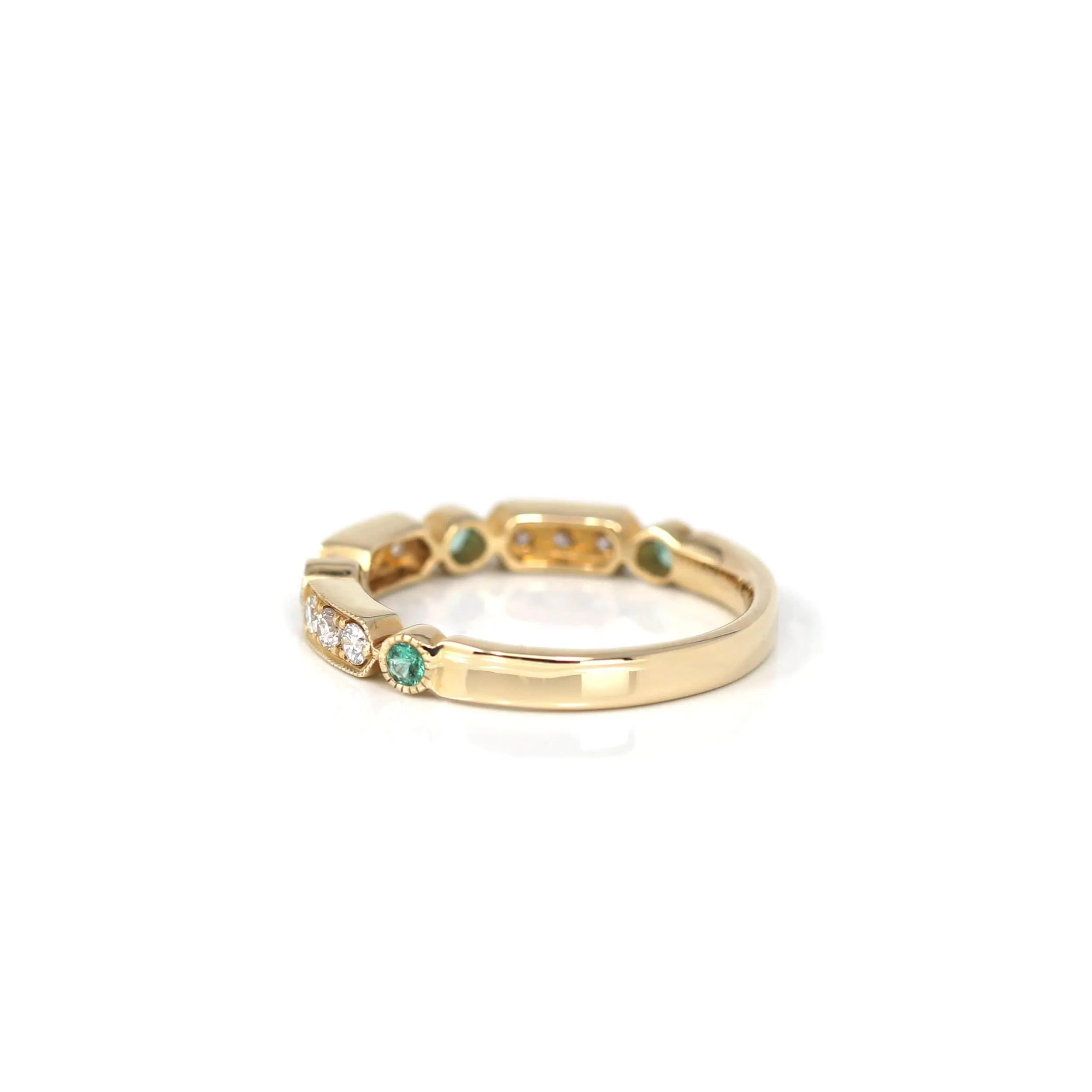 14k Yellow Gold Natural Emerald 4 Stones Set Band Ring with Diamonds