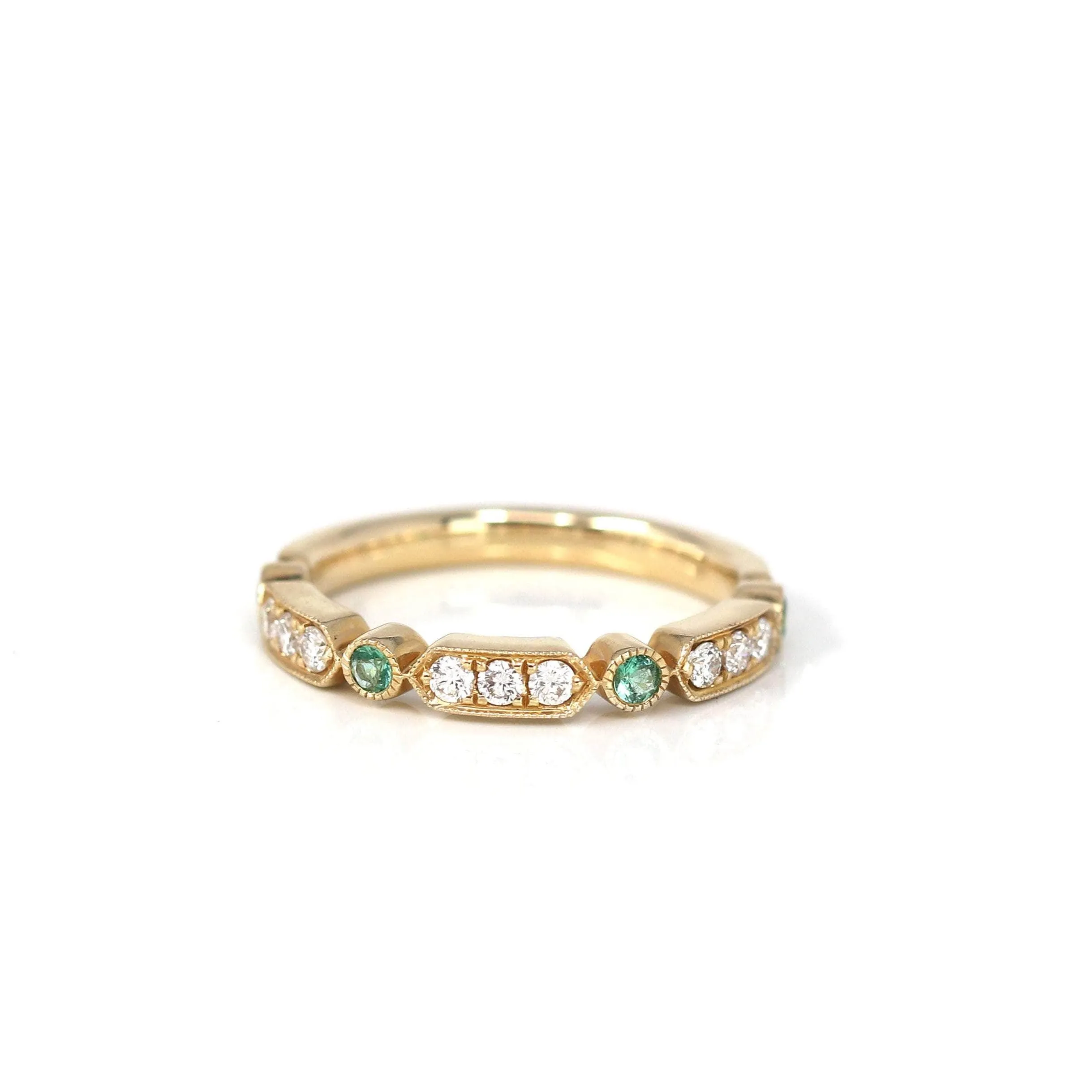 14k Yellow Gold Natural Emerald 4 Stones Set Band Ring with Diamonds