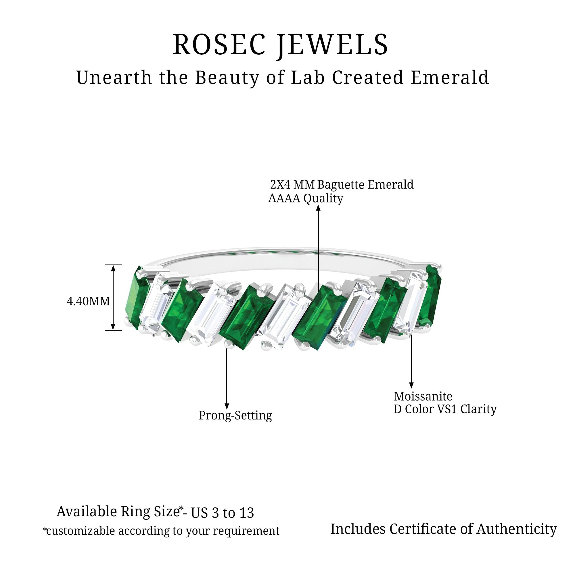 1.50 CT Certified Created Emerald Half Eternity Ring with Moissanite