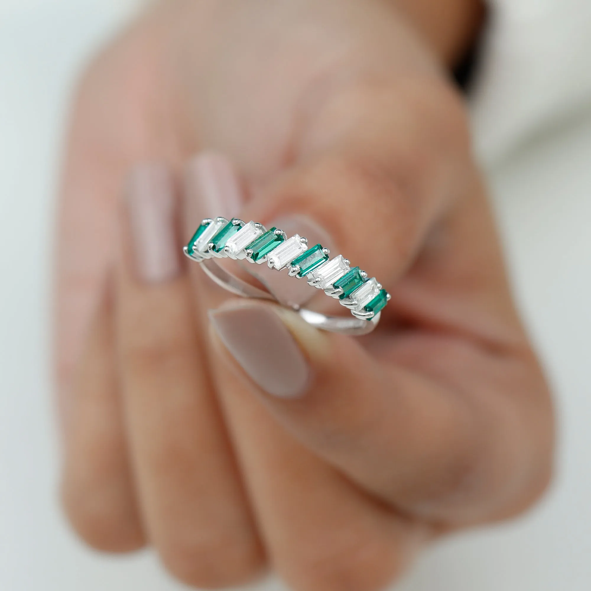 1.50 CT Certified Created Emerald Half Eternity Ring with Moissanite