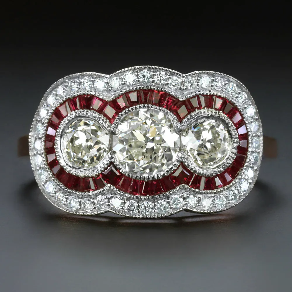 1.83c OLD EUROPEAN CUT DIAMOND RUBY RING VINTAGE STYLE THREE STONE HALO ART DECO