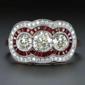 1.83c OLD EUROPEAN CUT DIAMOND RUBY RING VINTAGE STYLE THREE STONE HALO ART DECO