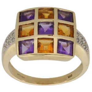 18ct Gold Amethyst & Citrine & 0.08ct Diamond Dress/Cocktail Ring Size Q