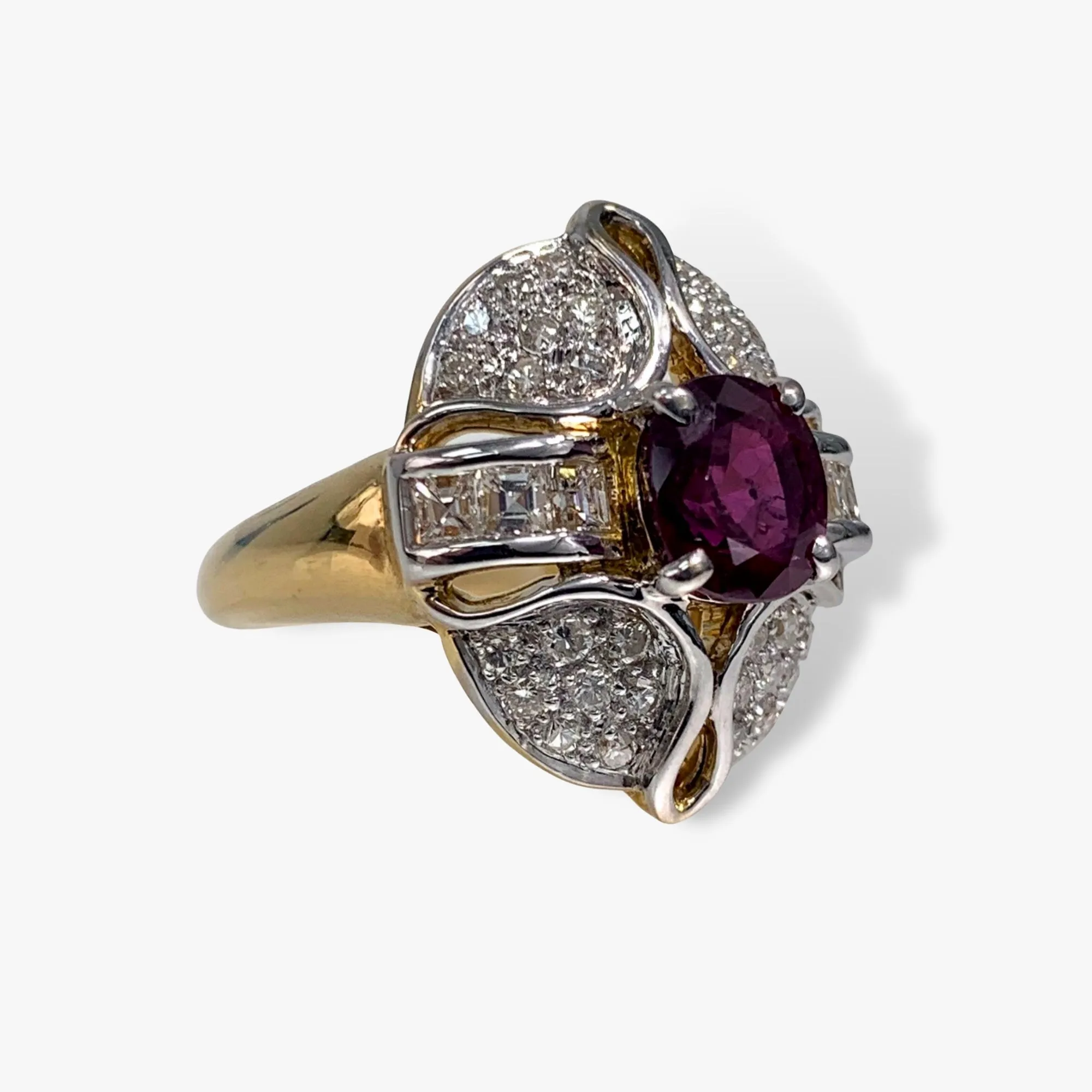 18k White and Yellow Gold Ruby and Diamond Vintage Cocktail Ring