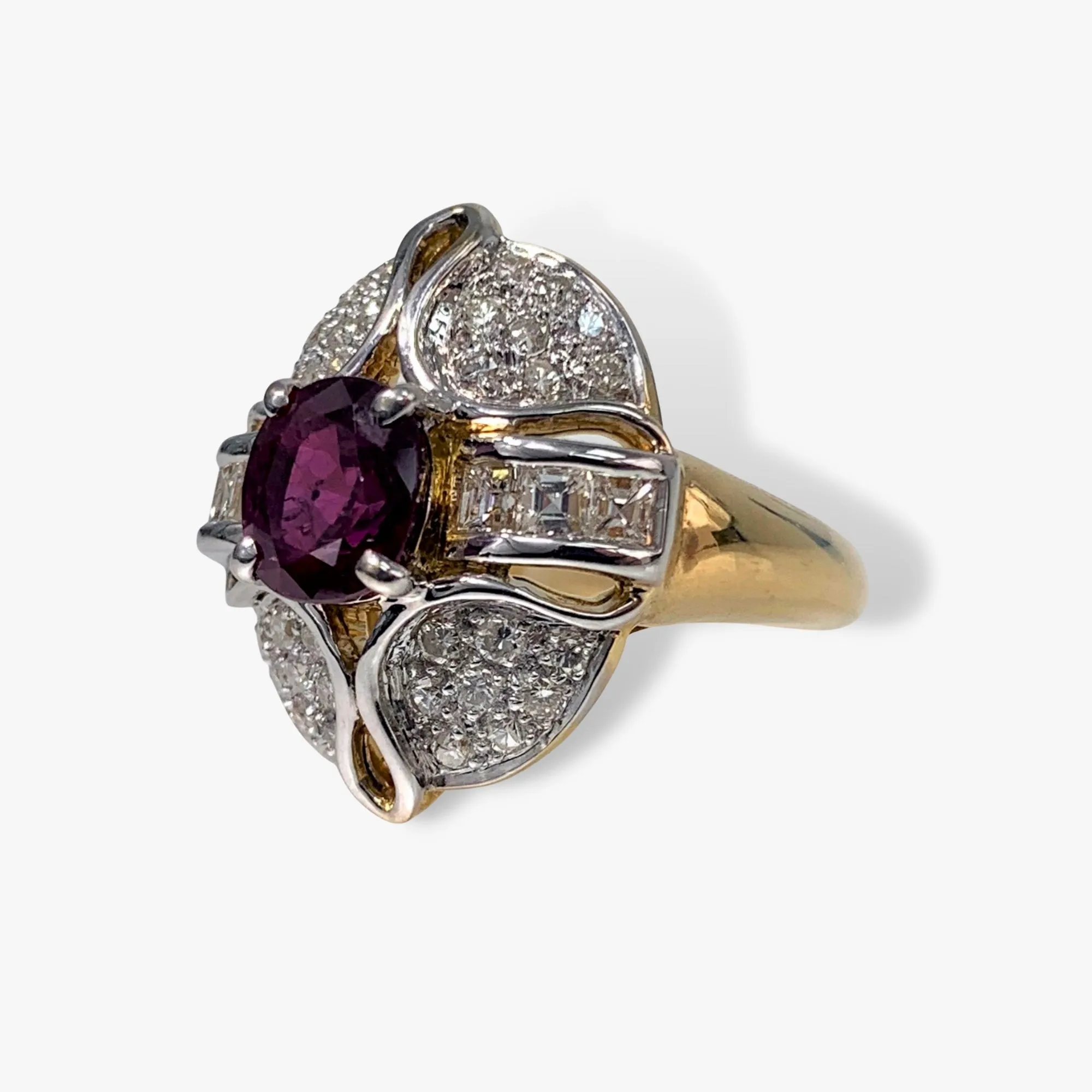 18k White and Yellow Gold Ruby and Diamond Vintage Cocktail Ring