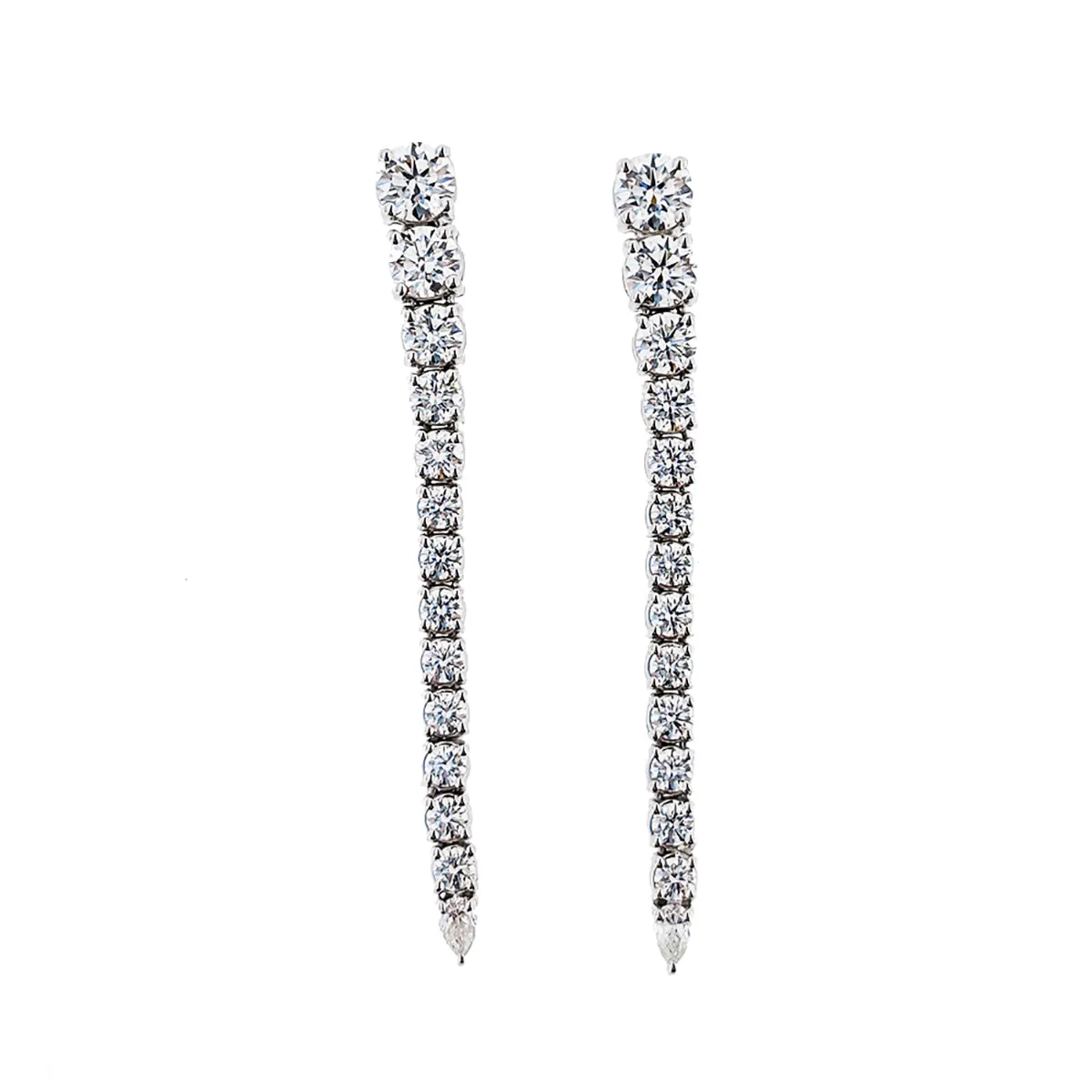 18K WHITE GOLD 26 ROUND DIAMONDS & 2 PEAR SHAPE DIAMONDS=2.72CTS DANGLE EARRINGS