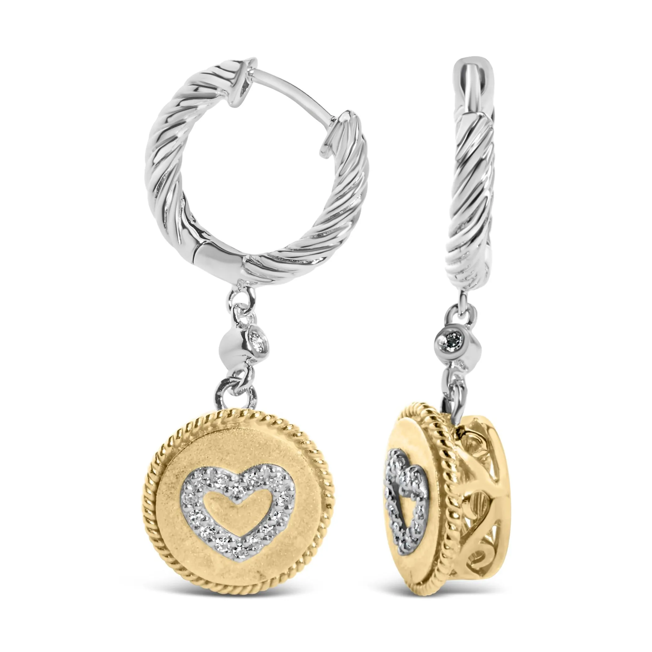 18K Yellow Gold Plated .925 Sterling Silver 1/8 Cttw Diamond Heart Medallion Drop and Dangle Earring (I-J Color, SI1-SI2 Clarity)