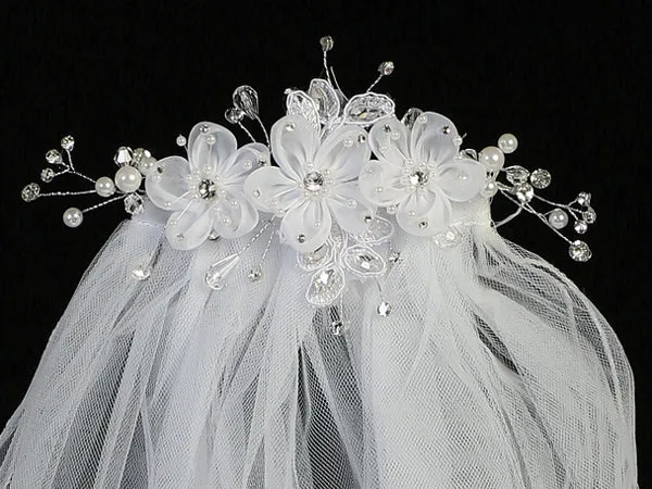 24" Veil - Organza flowers, rhinestones, pearls, and crystals