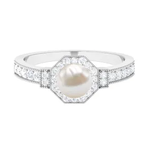 3 CT Freshwater Pearl Antique Beaded Ring with Diamond Halo