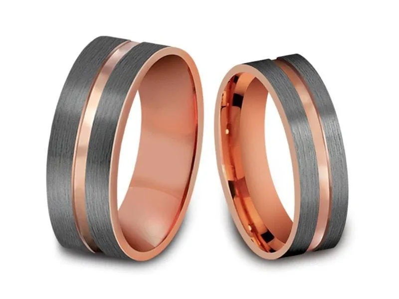 6MM/8MM BRUSHED GRAY Tungsten Wedding Band Set ROSE GOLD CENTER AND ROSE GOLD INTERIOR