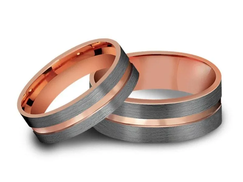 6MM/8MM BRUSHED GRAY Tungsten Wedding Band Set ROSE GOLD CENTER AND ROSE GOLD INTERIOR