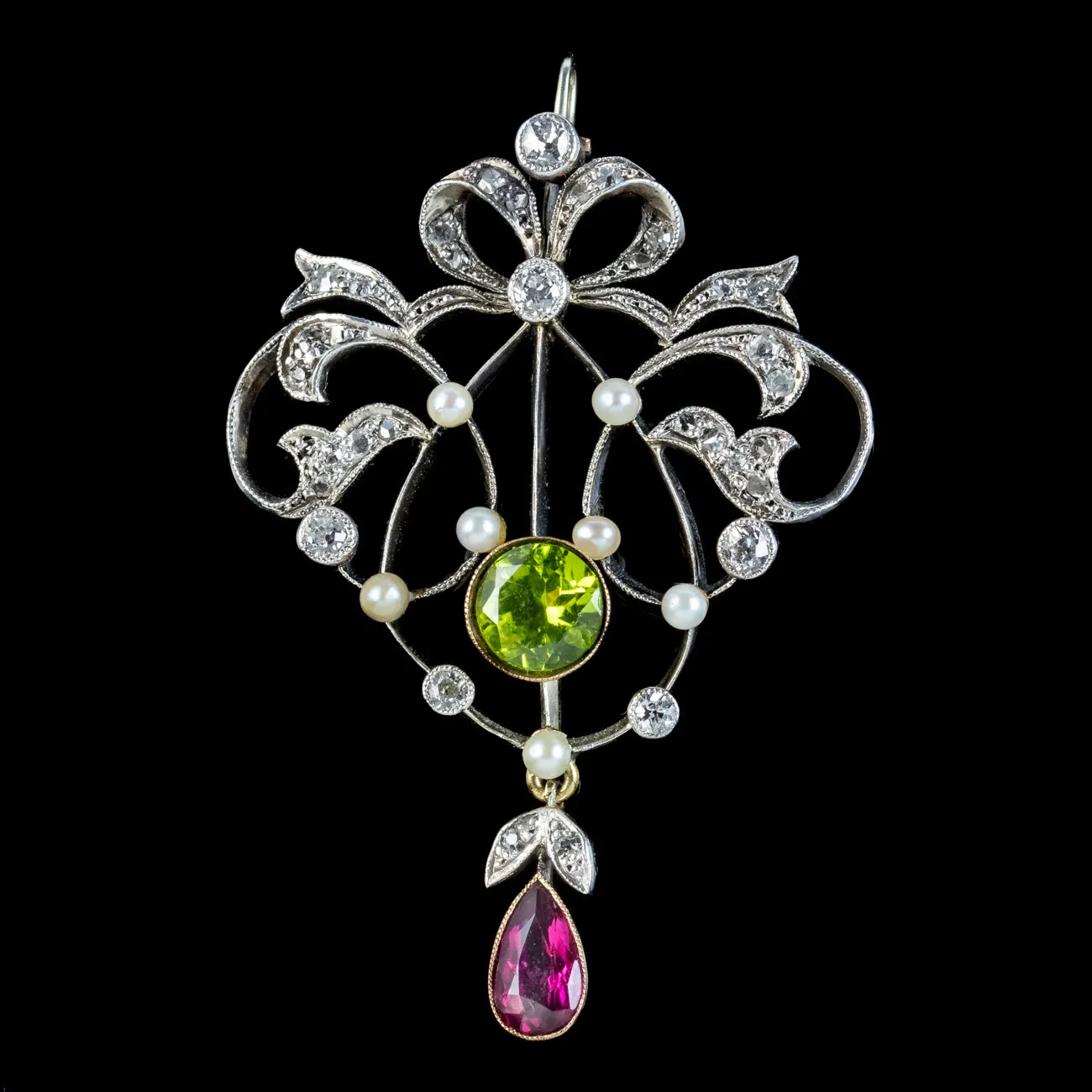 Antique Art Deco Suffragette Pendant Peridot Garnet Diamond Pearl