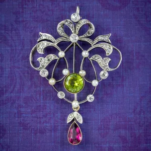 Antique Art Deco Suffragette Pendant Peridot Garnet Diamond Pearl