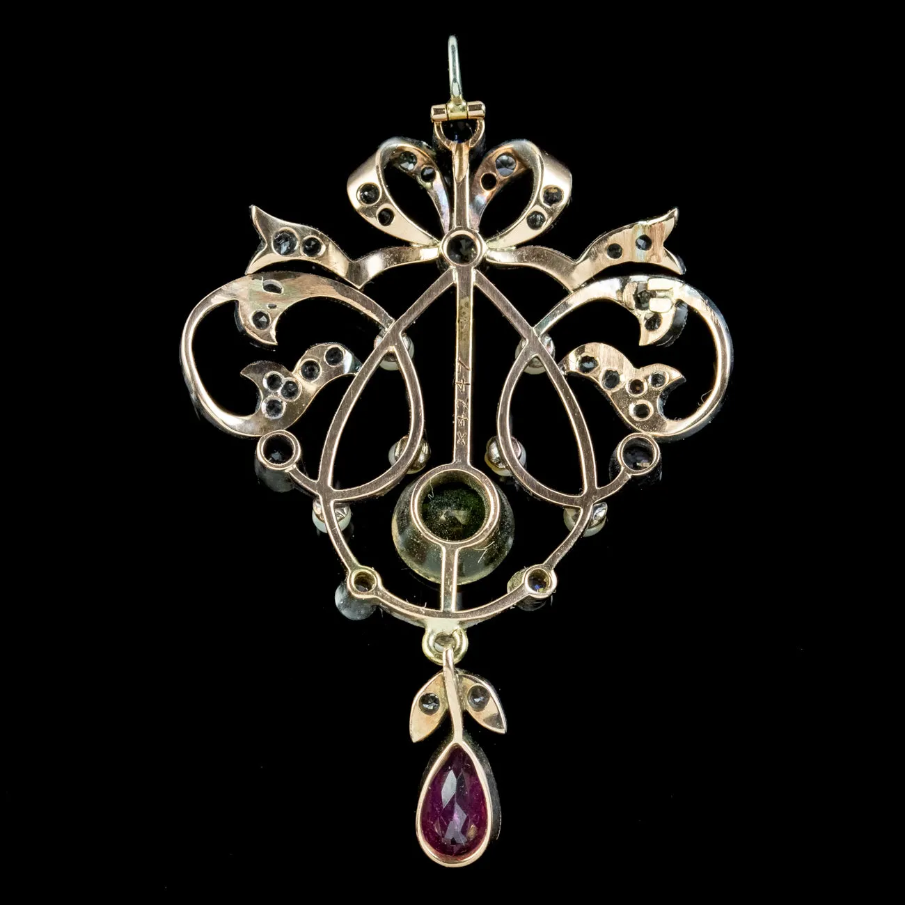 Antique Art Deco Suffragette Pendant Peridot Garnet Diamond Pearl