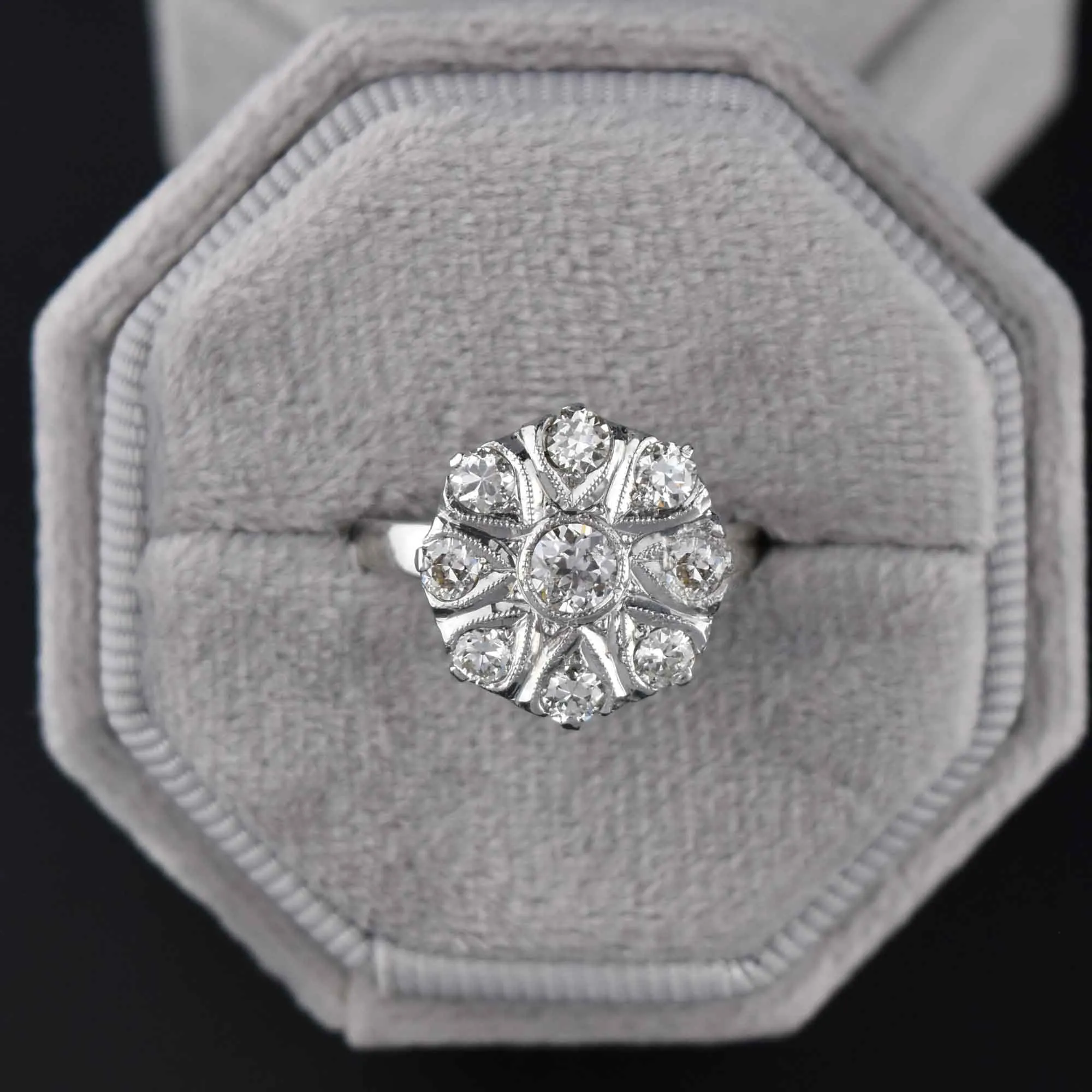 Antique Edwardian Diamond Cluster Ring in 14K White Gold