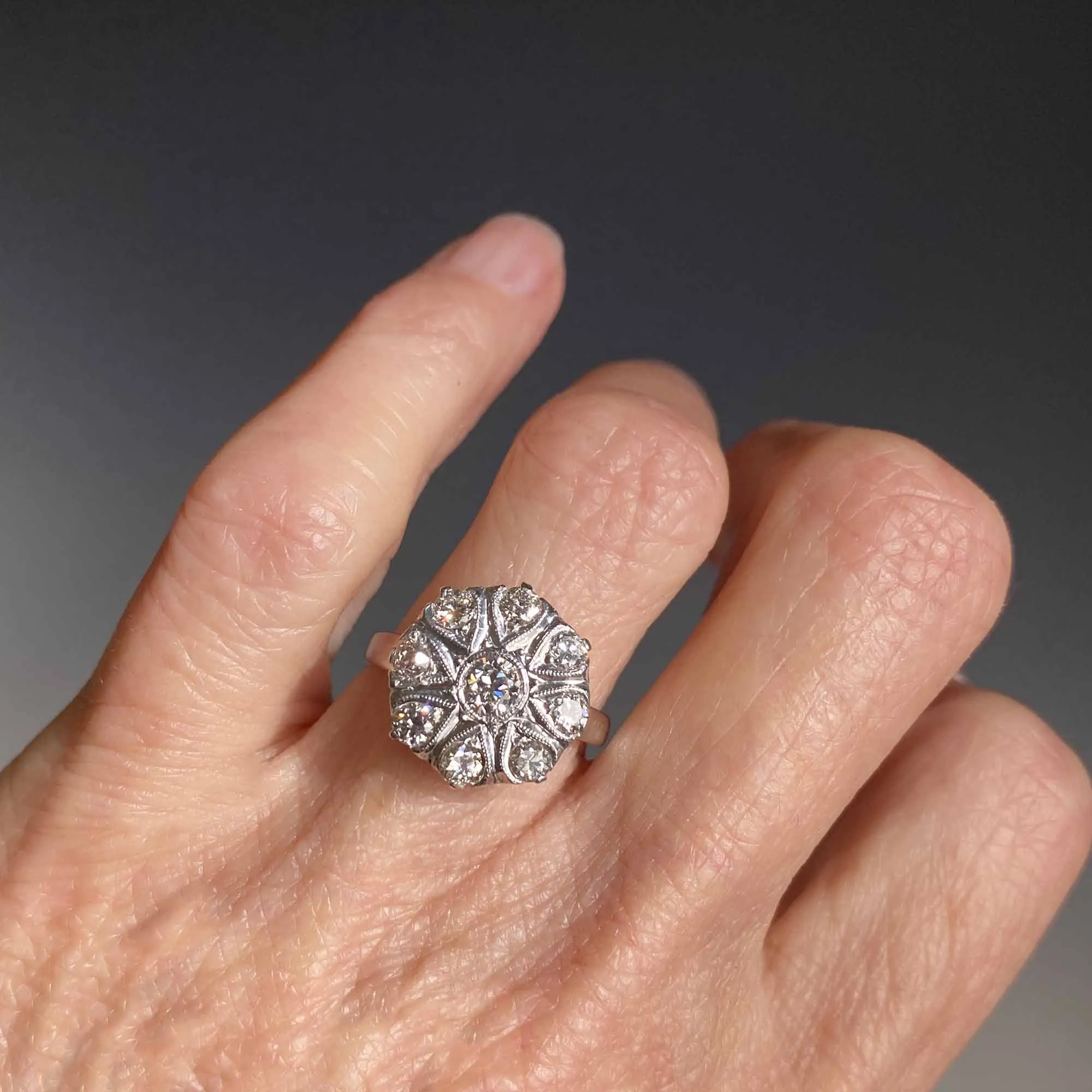 Antique Edwardian Diamond Cluster Ring in 14K White Gold