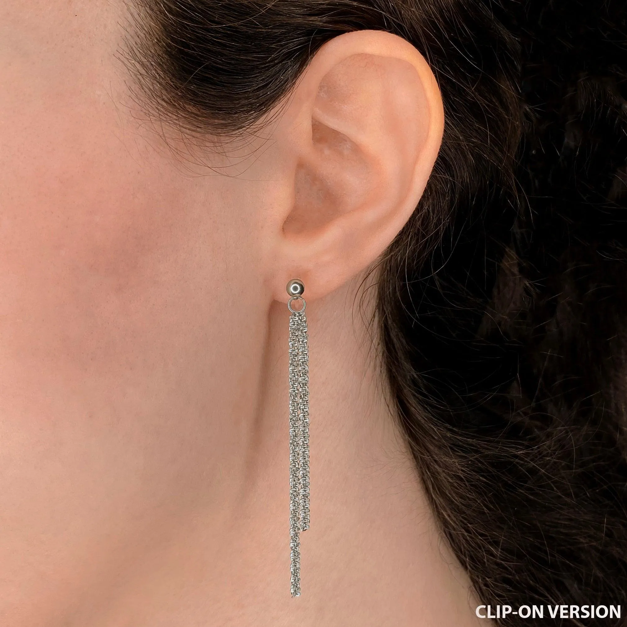 ASYMMETRIC DOUBLE DANGLE CLIP-ON EARRINGS IN SILVER