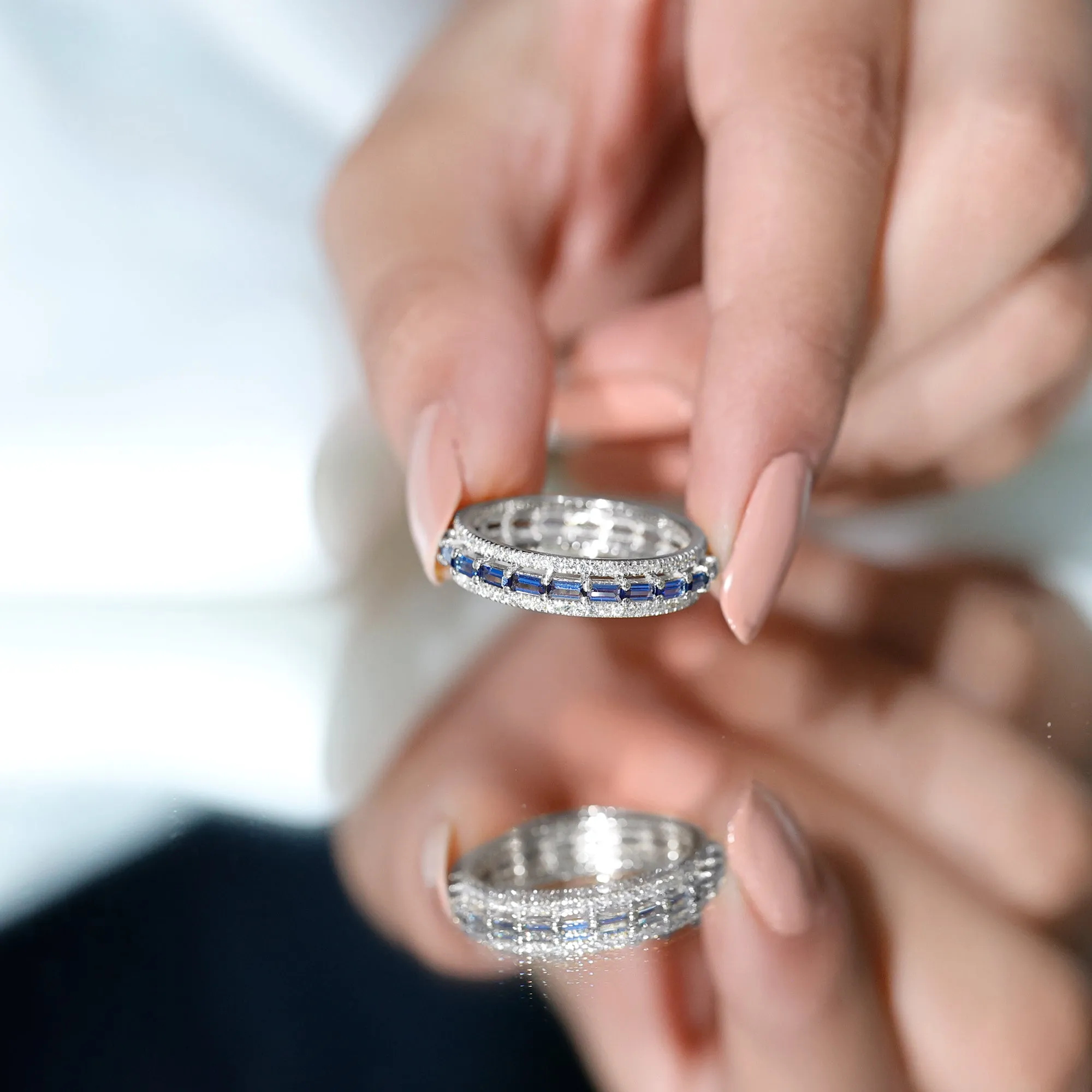 Baguette Cut Created Blue Sapphire Wedding Band Ring with Diamond