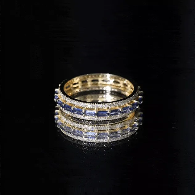 Baguette Cut Created Blue Sapphire Wedding Band Ring with Diamond