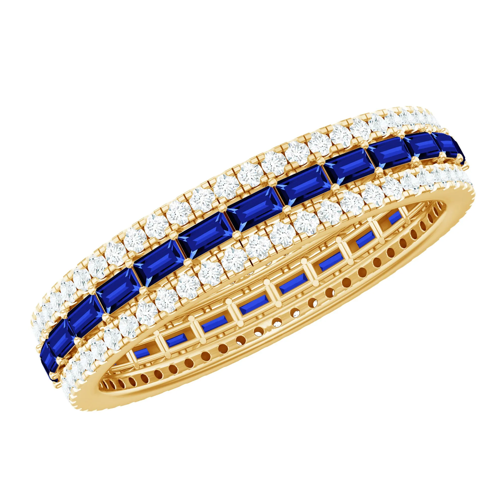 Baguette Cut Created Blue Sapphire Wedding Band Ring with Diamond