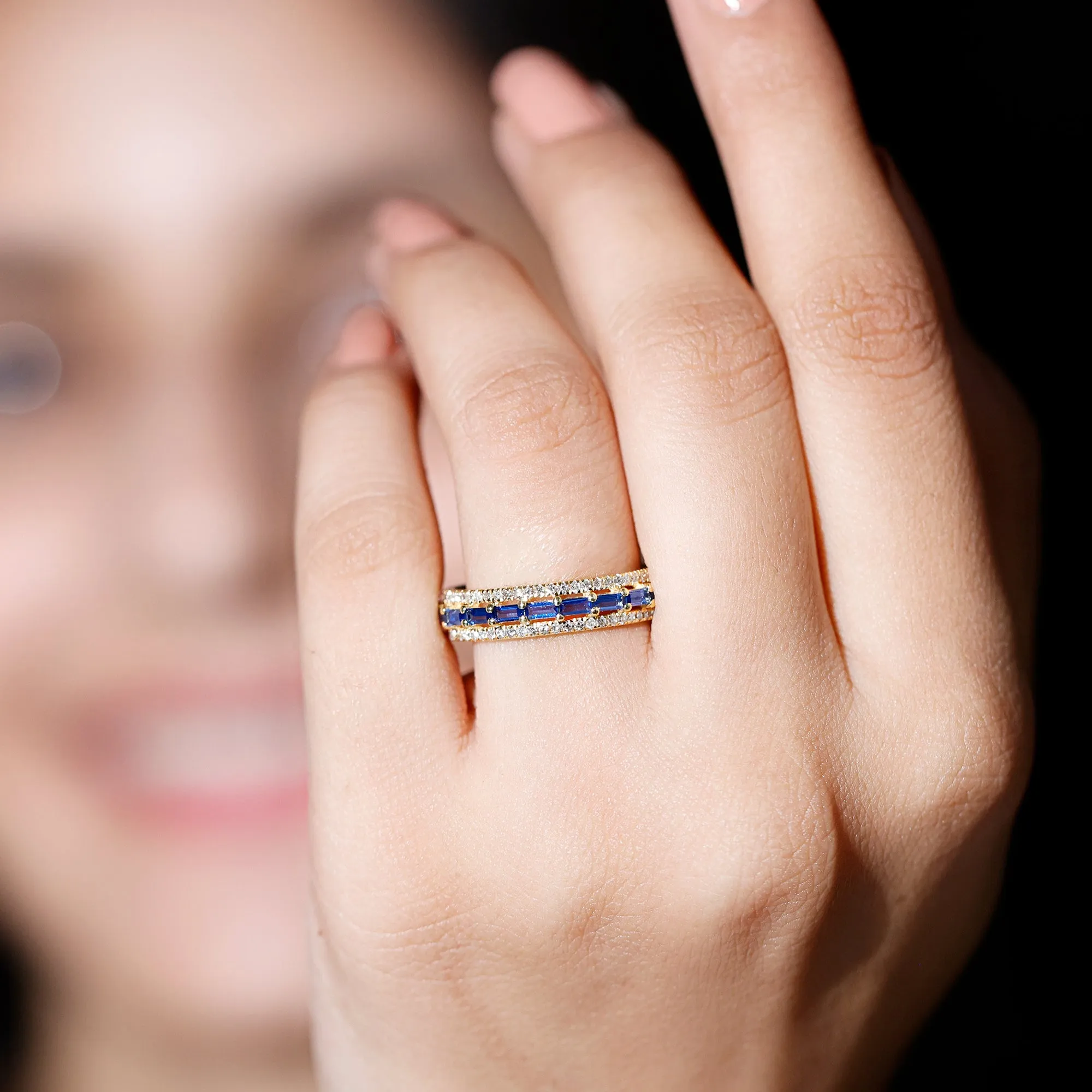 Baguette Cut Created Blue Sapphire Wedding Band Ring with Diamond