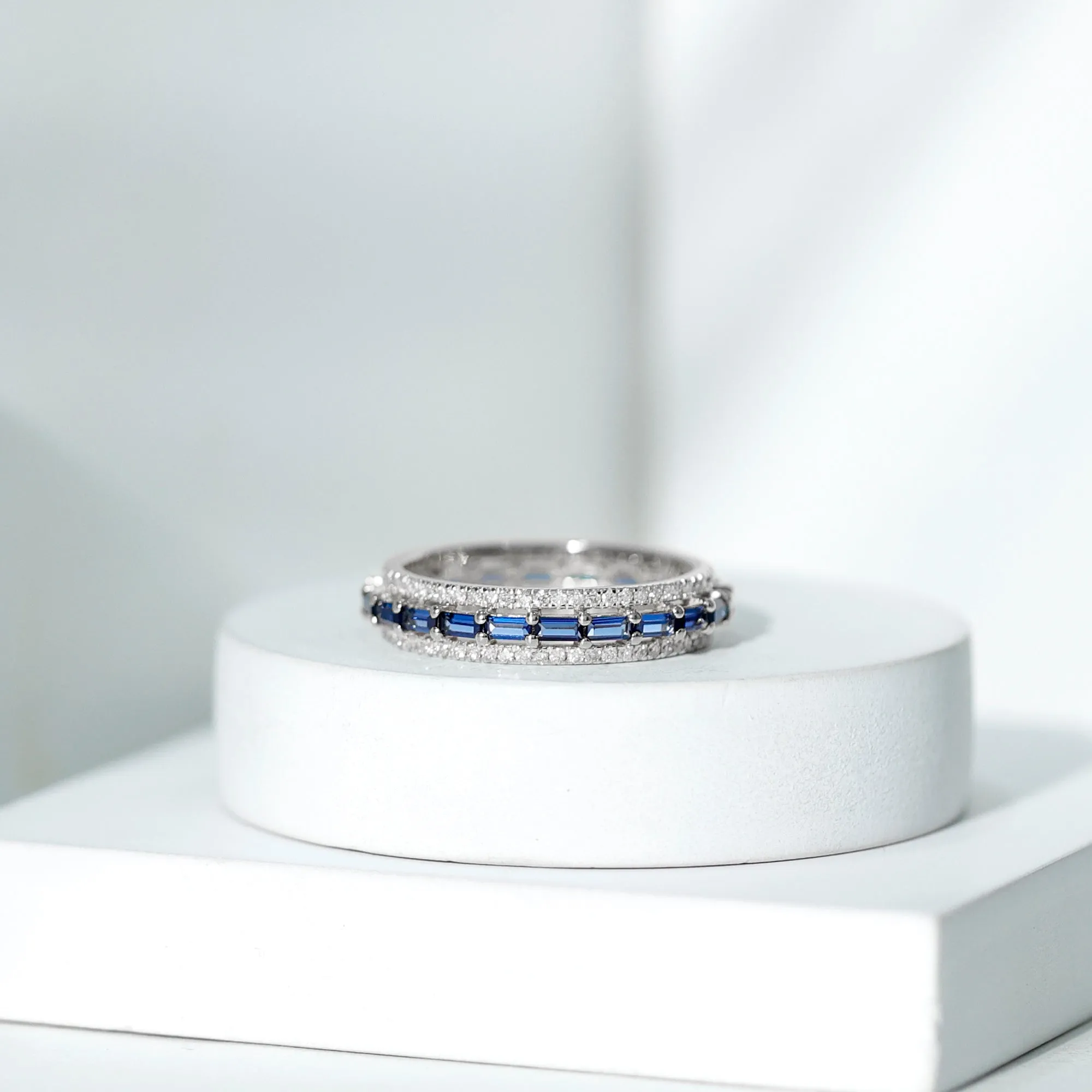 Baguette Cut Created Blue Sapphire Wedding Band Ring with Diamond