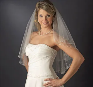 Beaded Crystal Edge Elbow Bridal Veil