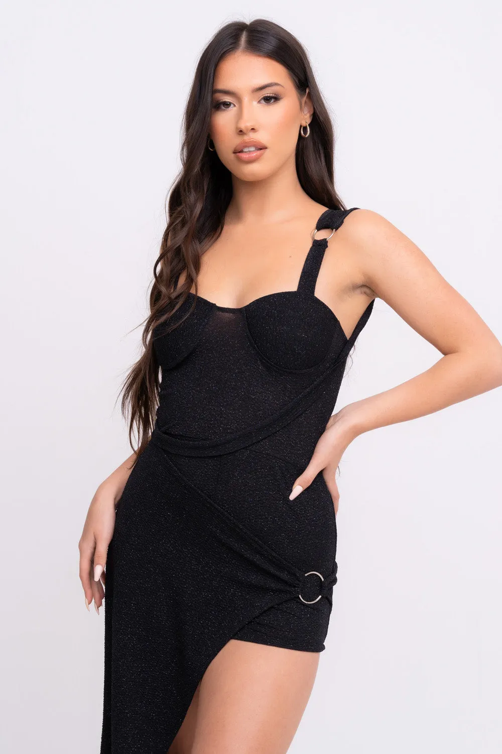 Beauty Mode Black Sparkle Glitter Skort Slinky Stretch Maxi Dress