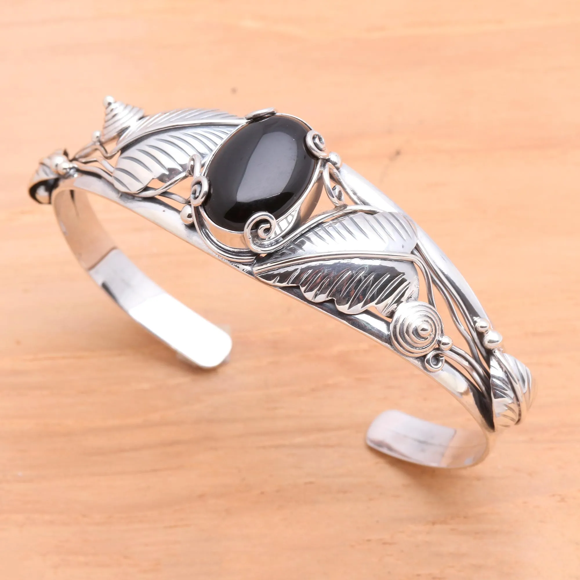 Black Lily Floral Onyx Sterling Silver Cuff Bracelet