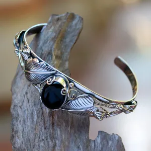 Black Lily Floral Onyx Sterling Silver Cuff Bracelet