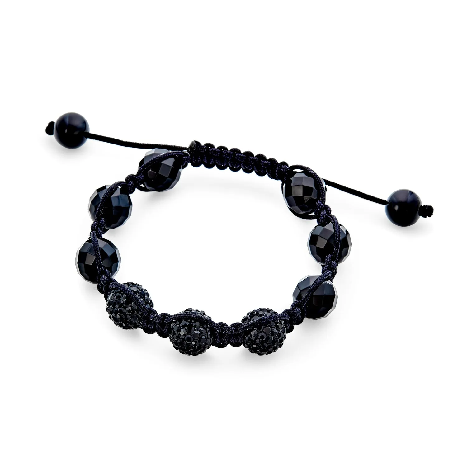 Black Navy Blue Gold Tone Bead Strand Bracelet with Pave Crystal Ball for Men