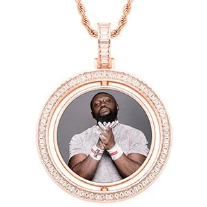 Brand New Custom Photo Rotating Double-Sided Medallions Pendant Necklace With Cubic Zirconia Stone