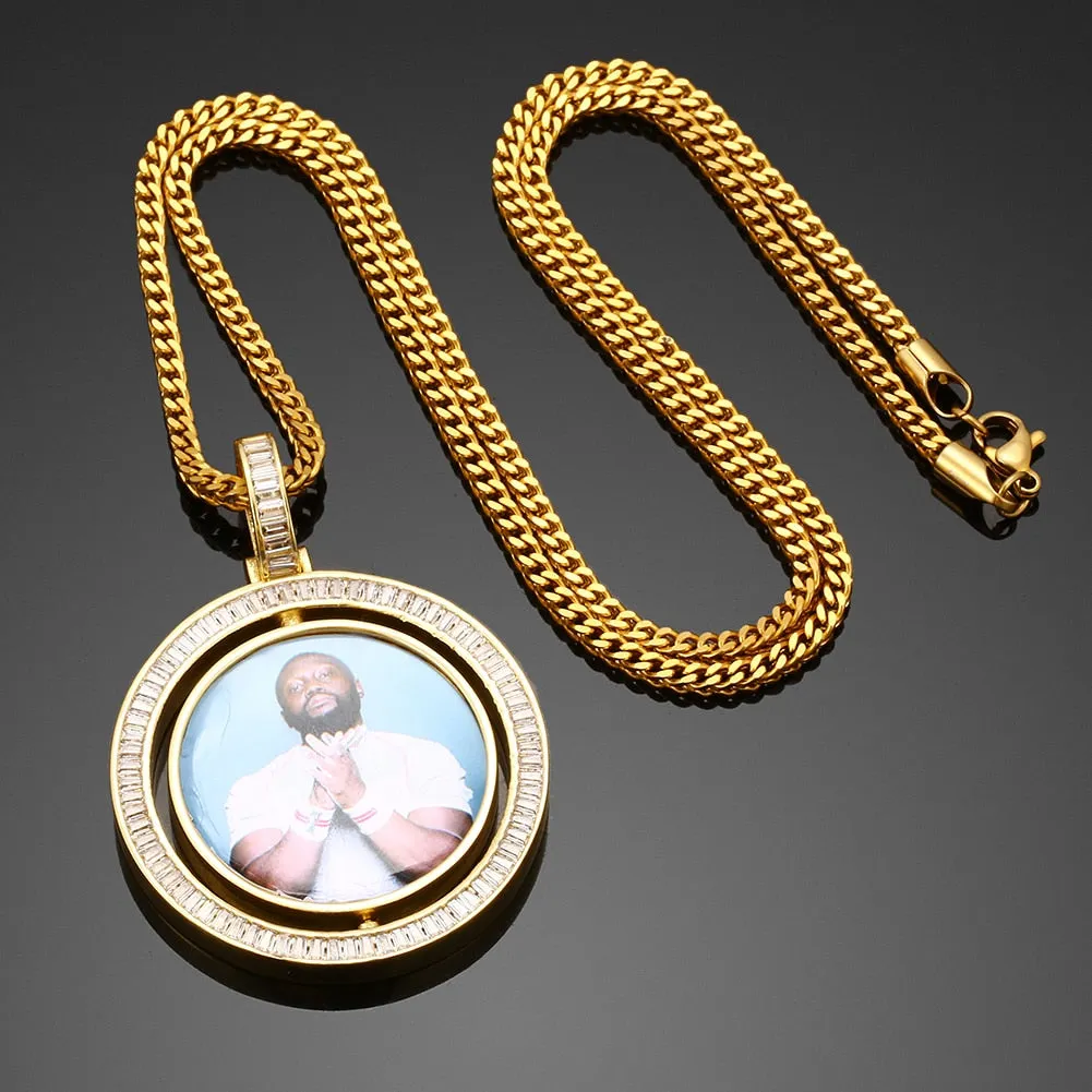 Brand New Custom Photo Rotating Double-Sided Medallions Pendant Necklace With Cubic Zirconia Stone