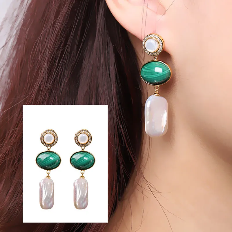 Buddha Stones 925 Sterling Silver Natural Baroque Pearl Malachite Healing Wisdom Drop Earrings