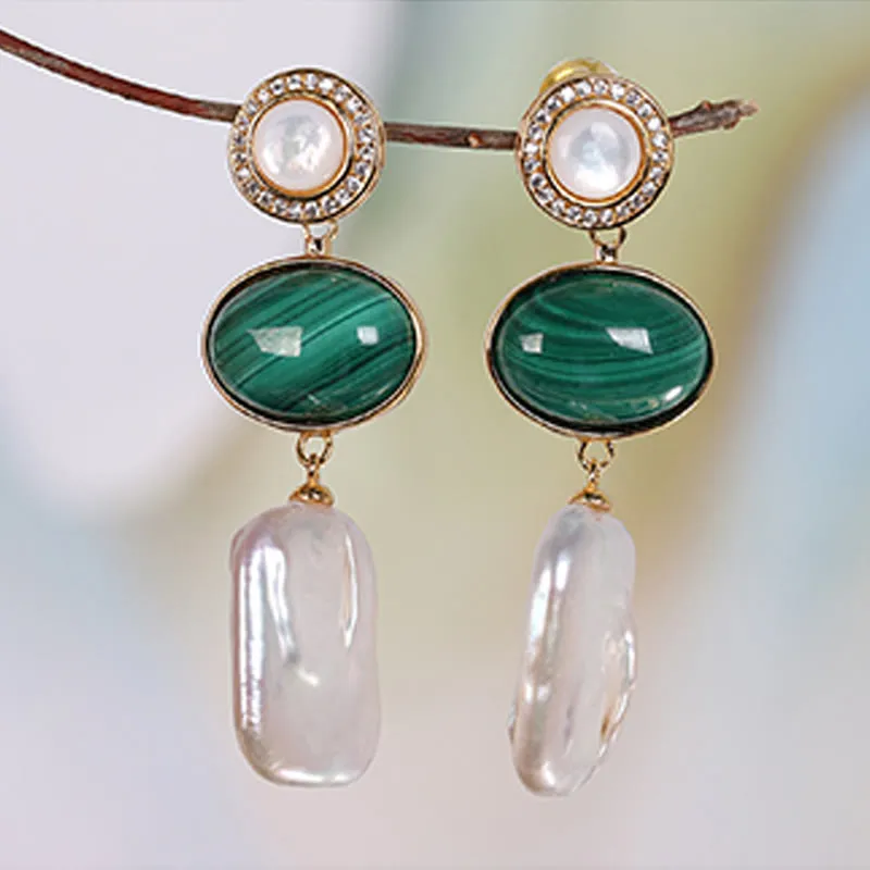 Buddha Stones 925 Sterling Silver Natural Baroque Pearl Malachite Healing Wisdom Drop Earrings