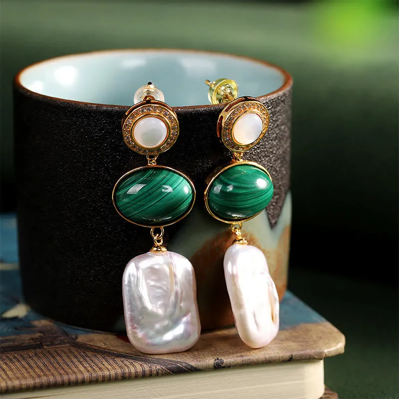 Buddha Stones 925 Sterling Silver Natural Baroque Pearl Malachite Healing Wisdom Drop Earrings