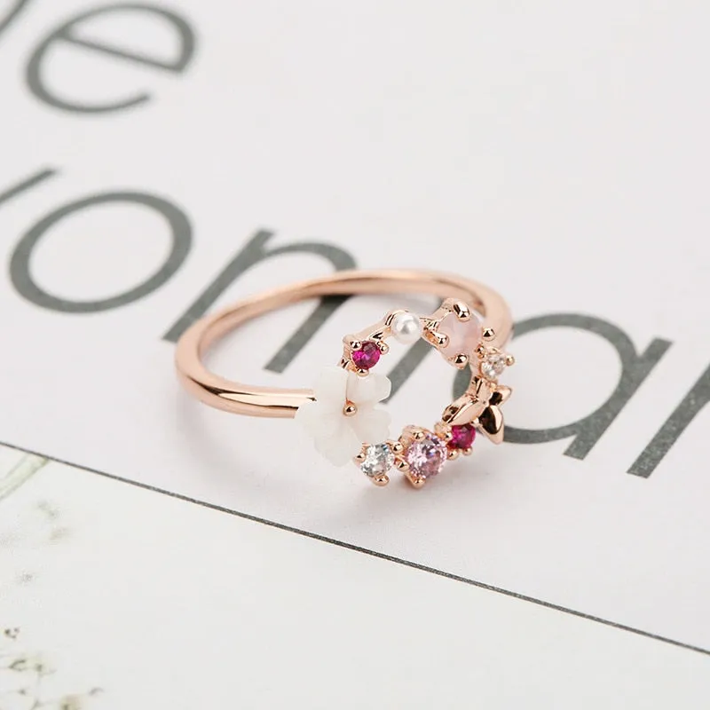 Butterfly Flowers Crystal Finger Wedding Rings for Women Rose Gold Zircon Glamour Ring Jewelry