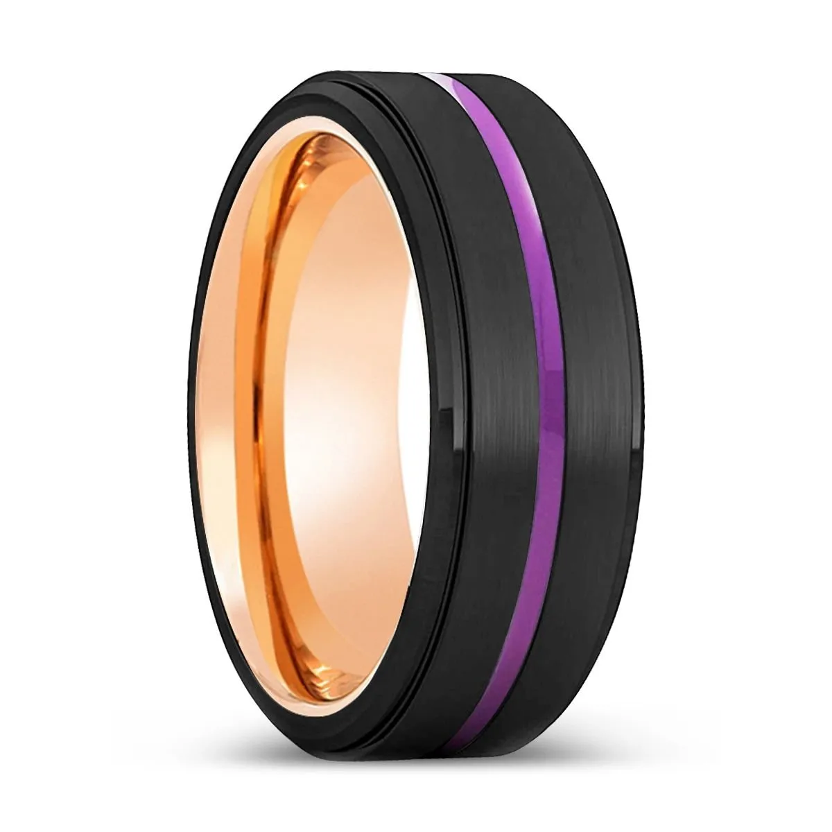 CAIRNS | Rose Gold Ring, Black Tungsten Ring, Purple Groove, Stepped Edge