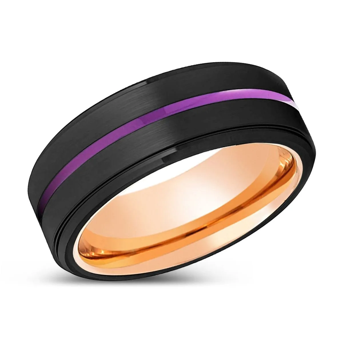 CAIRNS | Rose Gold Ring, Black Tungsten Ring, Purple Groove, Stepped Edge