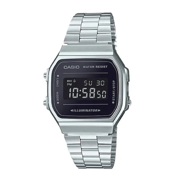 Casio Vintage Standard Digital Silver Stainless Steel Band Watch A168WEM-1D A168WEM-1