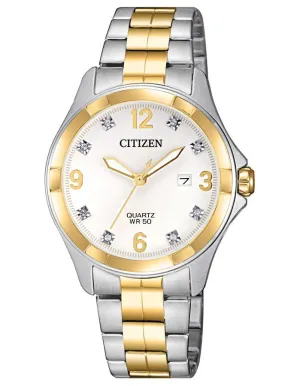 Citizen Quartz Ladies Watch -Two-Tone - White - Crystals - Date - Bracelet