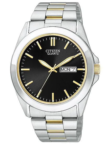 Citizen Quartz Mens Two-Tone Day/Date Watch - Black Dial - Bracelet