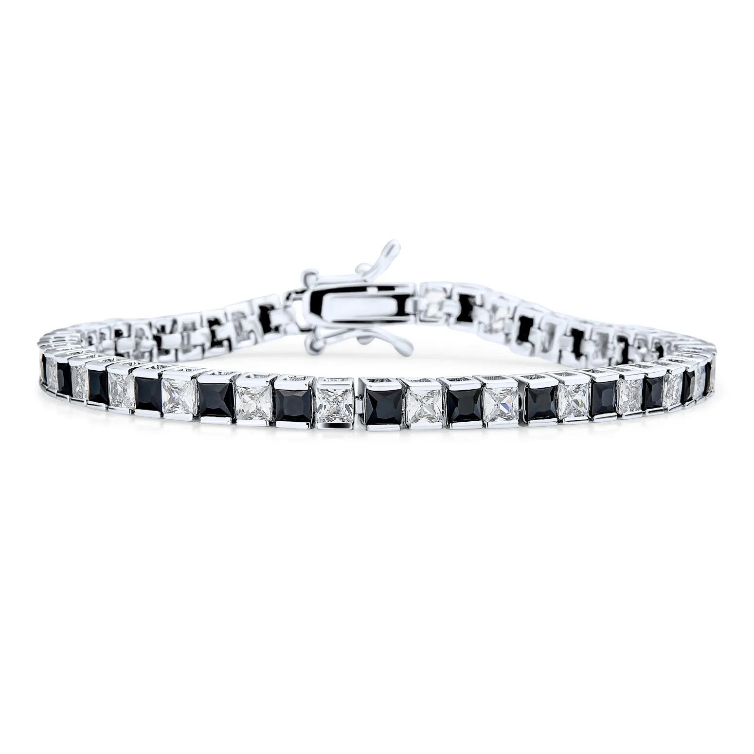 Classic Black & White Simulated Gemstone CZ Tennis Bracelet Silver Plated 7 Inch