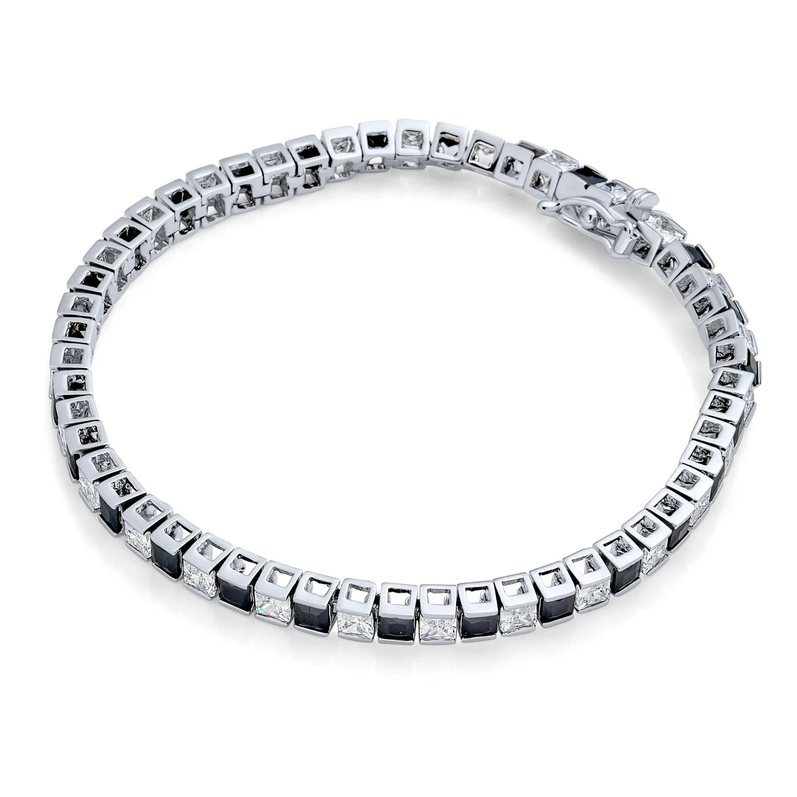 Classic Black & White Simulated Gemstone CZ Tennis Bracelet Silver Plated 7 Inch