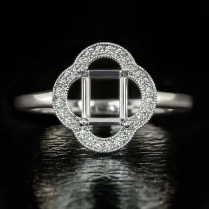 CLOVER DIAMOND HALO RING SETTING RADIANT EMERALD VINTAGE STYLE ENGAGEMENT MOUNT